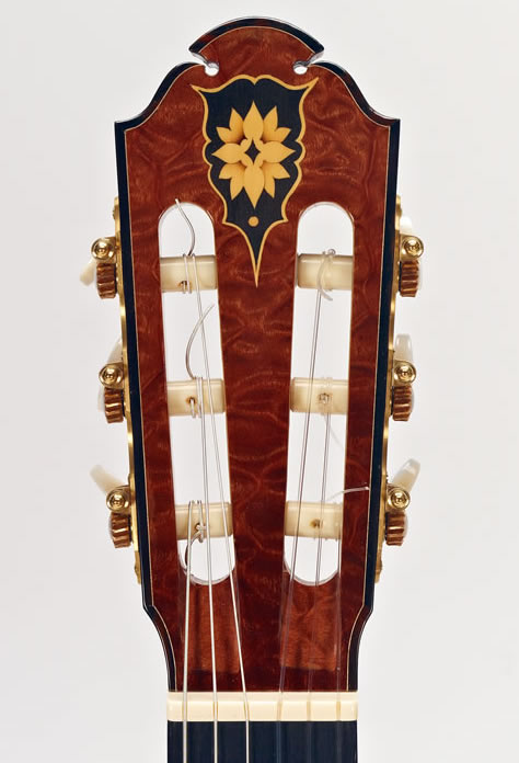 Head: Opus 1V | Inlaid head of Sapele Pommele, inset design ebony and boxwood