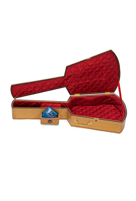 Guitar case made in the 19thc style. Constructed in Lemonwood with macassar ebony detailing. Quilted satin interior